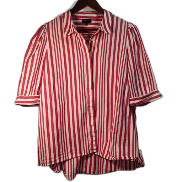 WHO WHAT WEAR red white stripe collared puff sleeve hidden buttons hi-lo hem LG - Picture 2 of 11